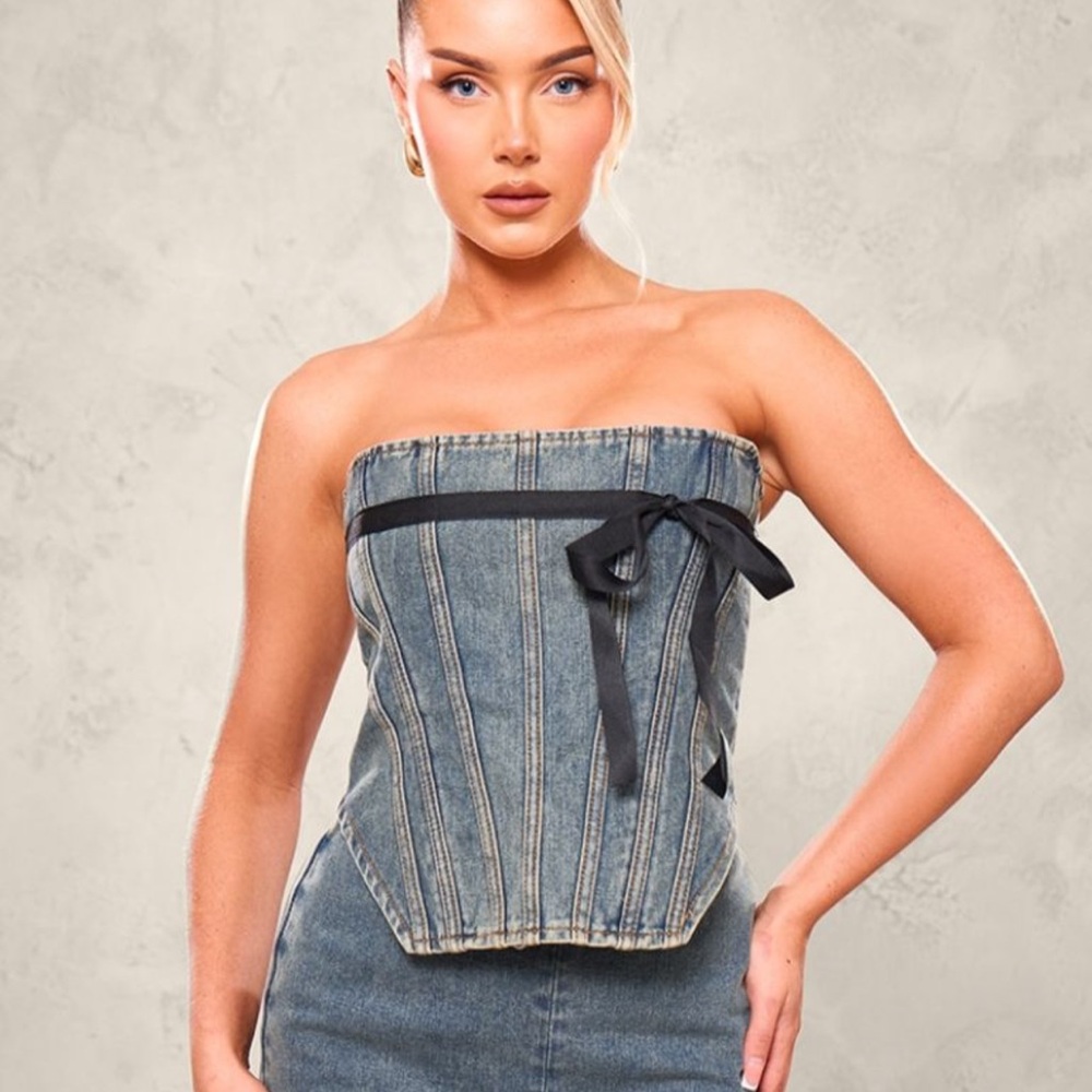 PrettyLittleThing Denim Corset and Skirt Set with Black Details